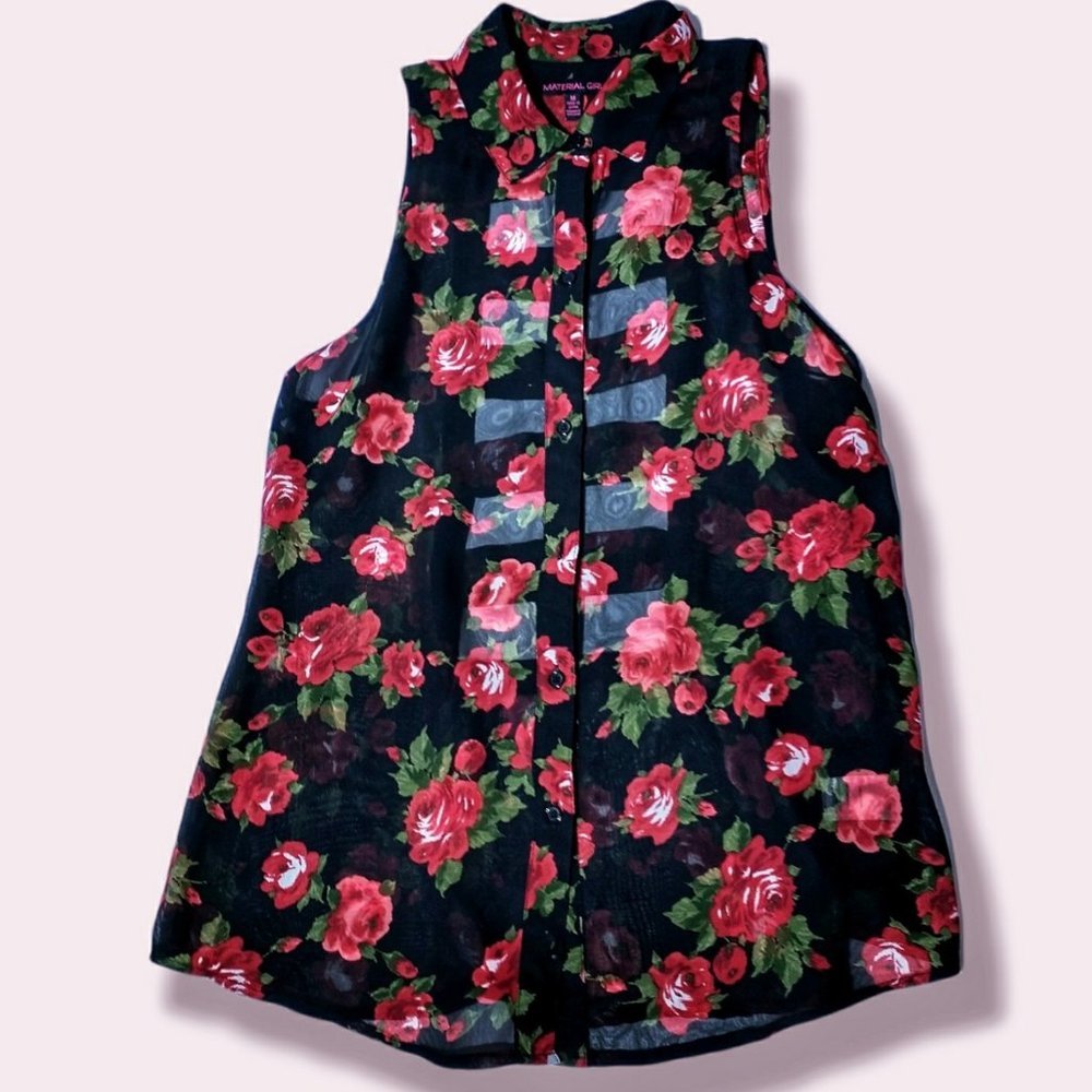 Sheer Black Top with Red Rose Print